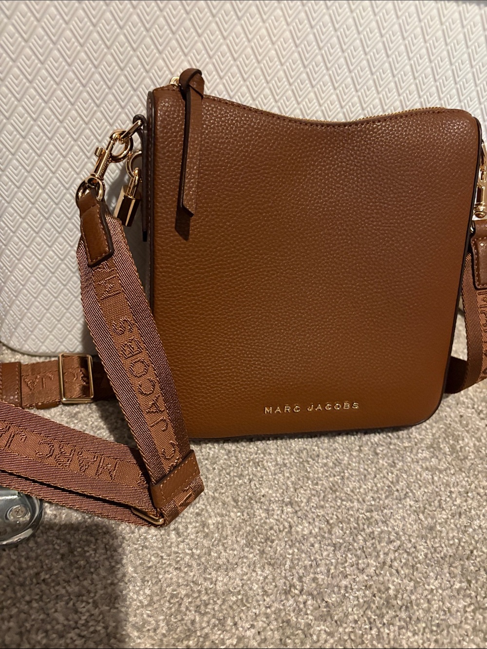 Marc Jacobs Cognac Pebbled Leather Crossbody Bag with Branded Strap